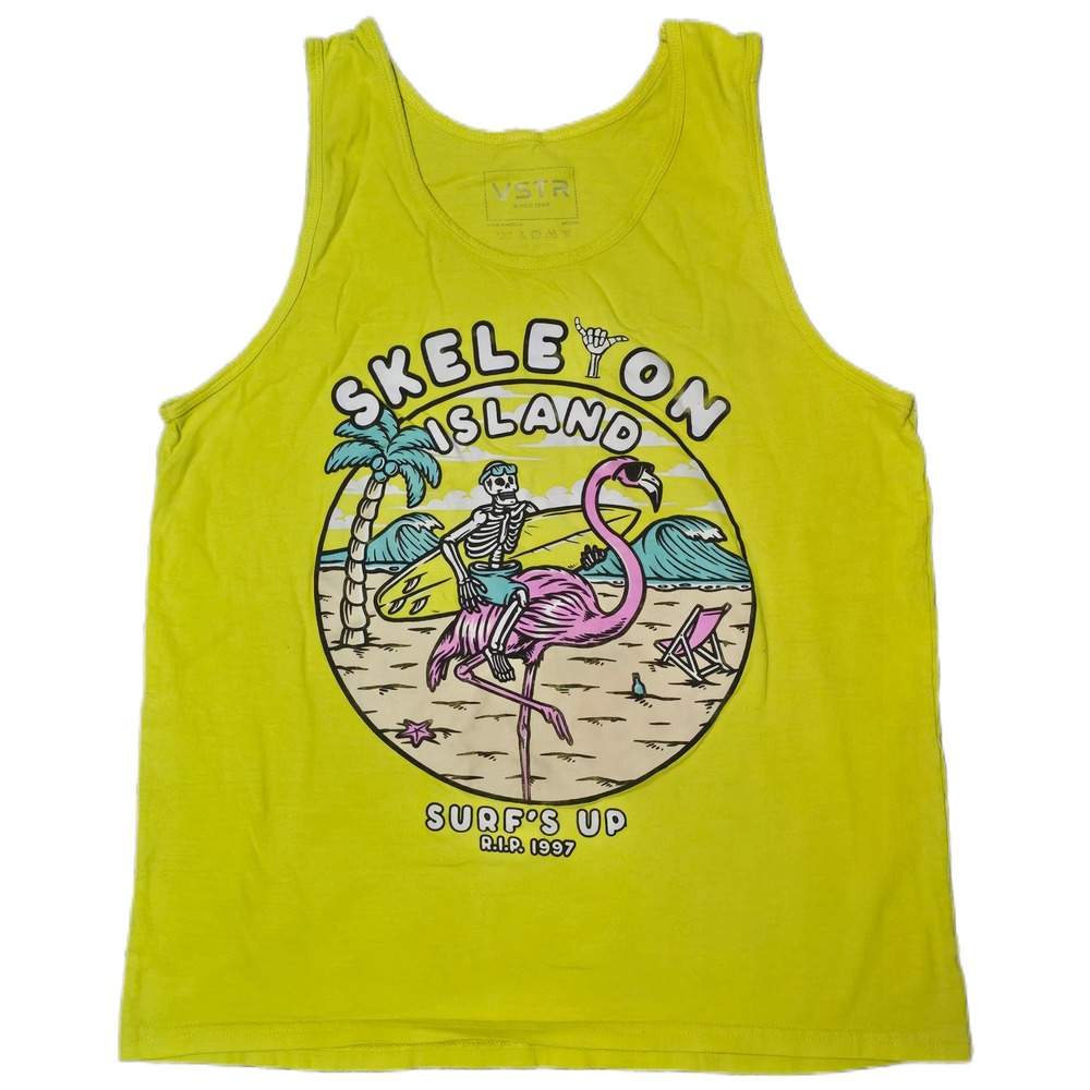 VSTR Tank Top Mens Medium Yellow Skeleton Island Flamingo Surf Graphic Shirt